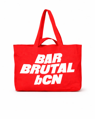 Red tote bag with 'BAR BRUTAL bcn' text on a white background